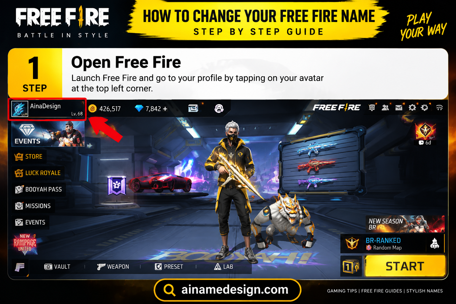 Open Free Fire and tap your profile icon in the top-left of the home screen.