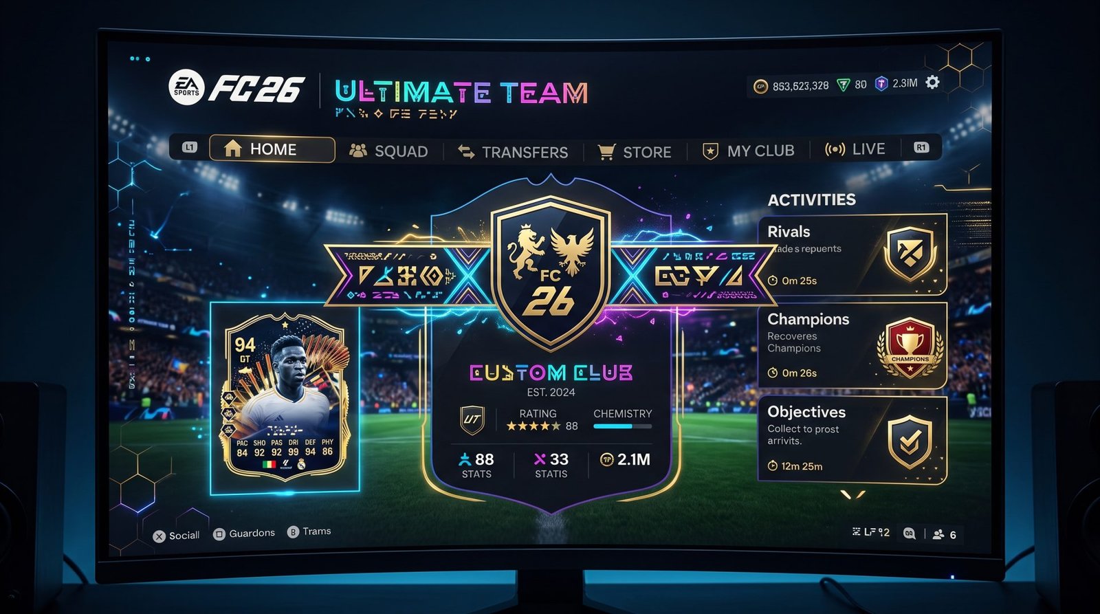 Best FC 26 club names displayed on an Ultimate Team squad screen