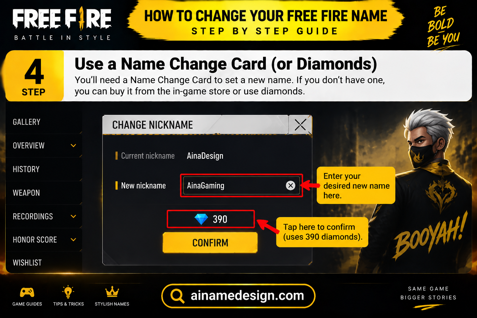 cHow Much Does a Name Change Cost?
Method	Cost
Direct change with diamonds	390 diamonds
Name Change Card (Guild Store)	39 diamonds + 200 Guild Tokens
Name Change Card (events / rewards)	Free

The Guild Store card saves you about 90% compared with paying diamonds directly. If you're in an active guild, use this option.

How to Get a Name Change Card
Guild Store: Join a guild and earn Guild Tokens by completing guild missions. Then go to Store → Redeem → Guild and buy the card for 39 diamonds + 200 tokens.
Events: Garena often adds Name Change Cards to rewards in seasonal events, festival shops and login events.
Dynamic Duo rewards: Level up your Dynamic Duo friendship with a friend. Some reward levels include a Name Change Card.
New player rewards: New accounts sometimes get one in beginner sign-in gifts.
Redeem codes: Official Free Fire redeem codes sometimes include a Name Change Card. Redeem them only on the official Garena redemption site.

After you get a card, it's stored in your Vault. Each card works once.

Tips for Choosing a Good Free Fire Name
Keep it short and easy to remember. You only get 12 characters.
Use stylish symbols carefully. Some fonts look great but make it hard for friends to search for you.
Match your brand. If you stream or post videos, use the same name as your channel.
Avoid offensive or banned words. The game will reject them, and they can get your account reported.
Make sure the name is available. Every name must be unique. If yours is taken, try adding a symbol or number.