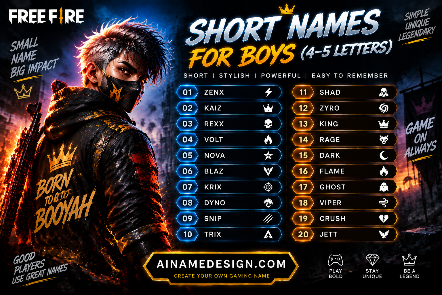 Short Stylish Free Fire Names for Boys