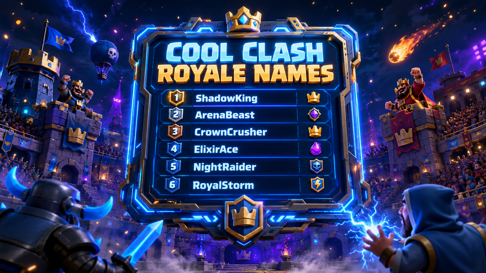 Clash Royale clan name ideas banner with fantasy castle background