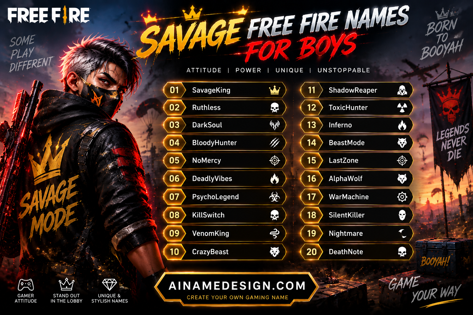 Savage Free Fire Names for Boys