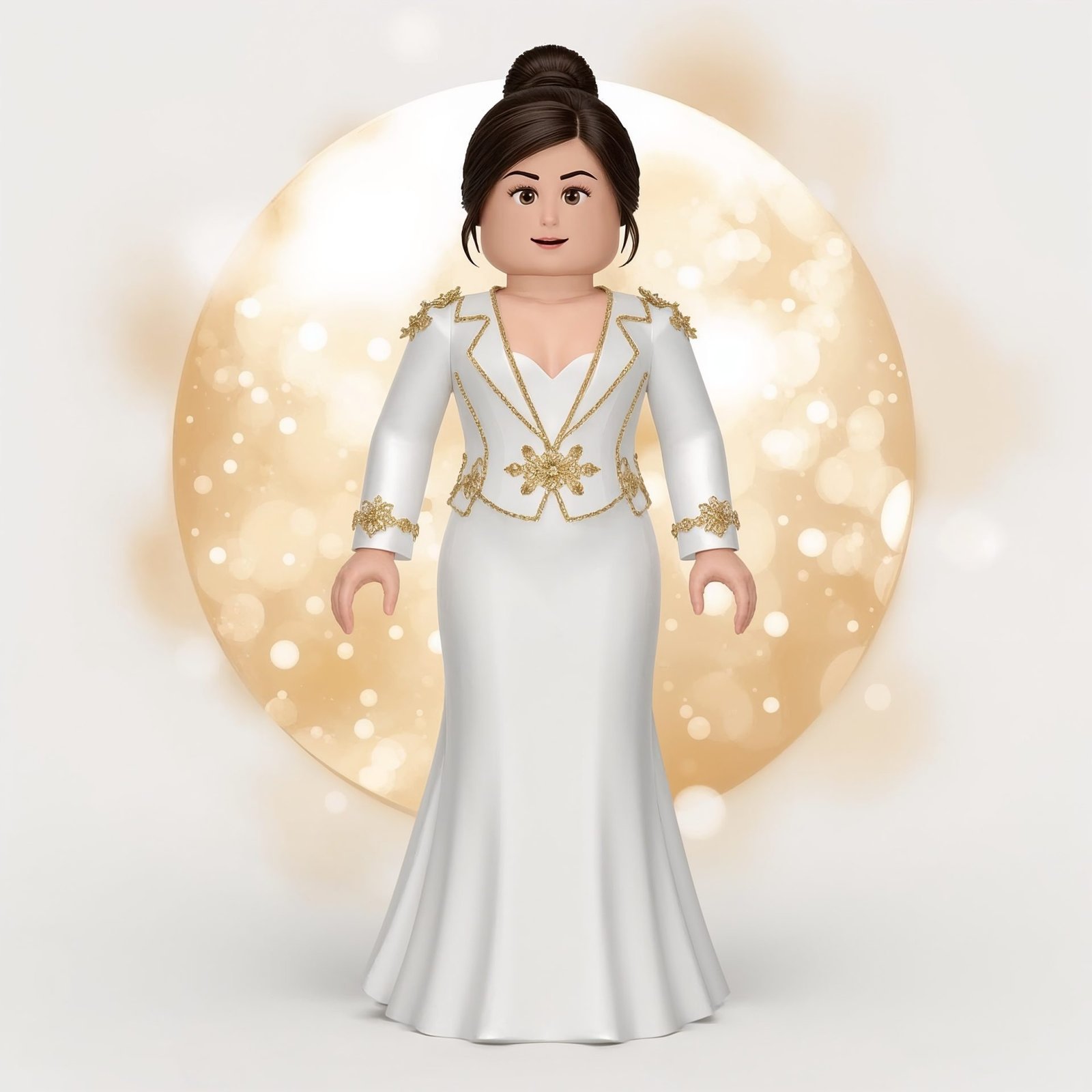 Elegant Roblox girl avatar in white and gold formal styling