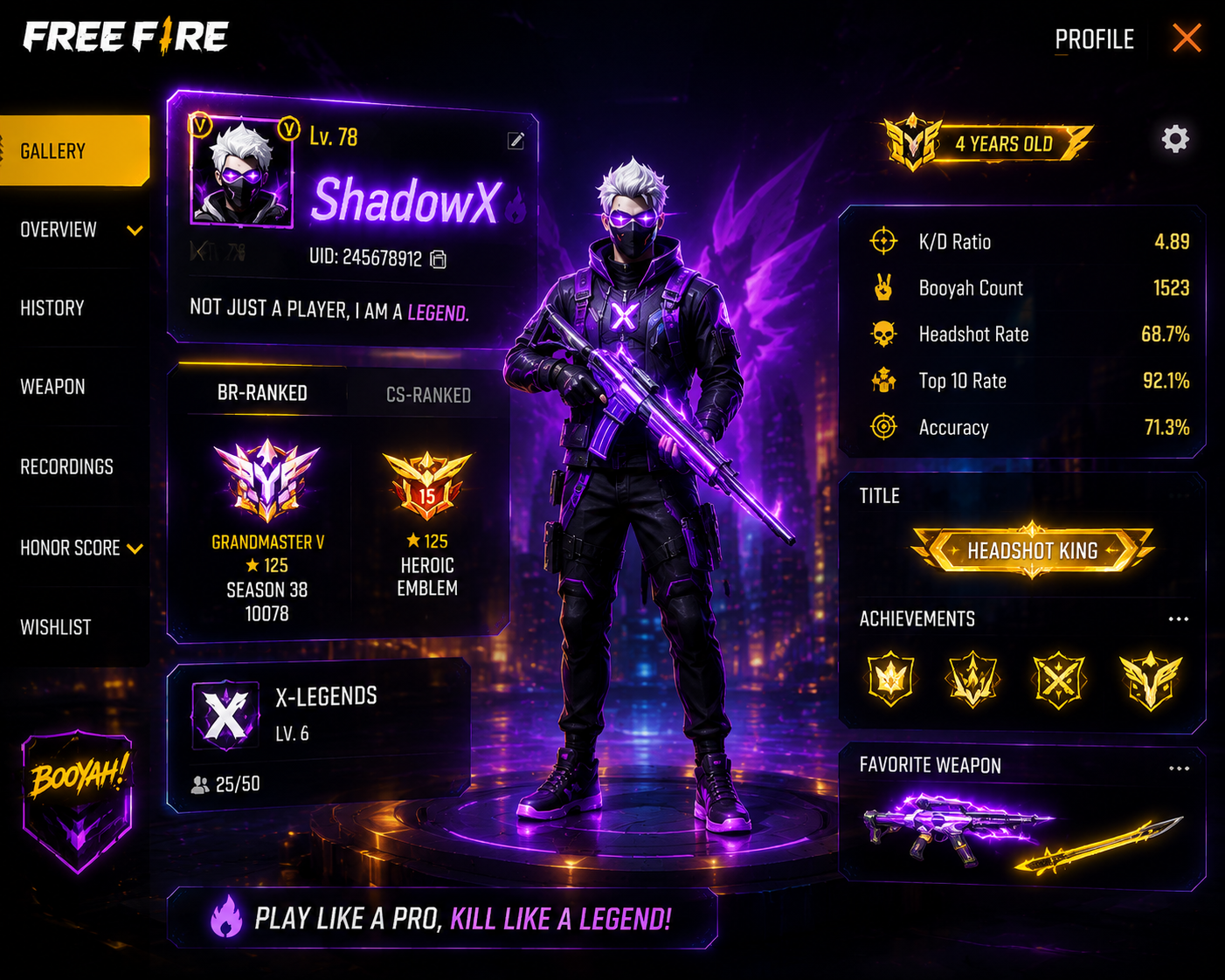 Cool Free Fire names displayed on a professional gaming profile