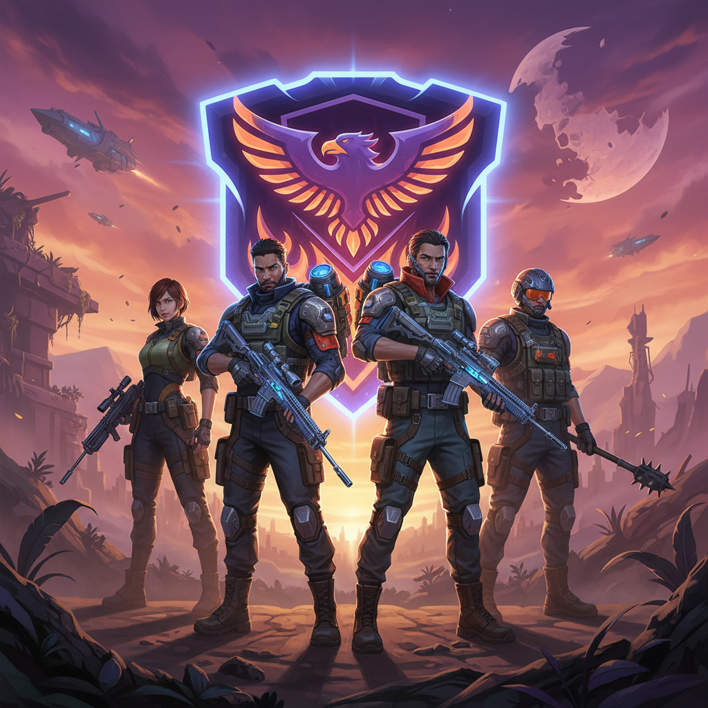 Clan-friendly Free Fire names theme with a squad and guild emblem