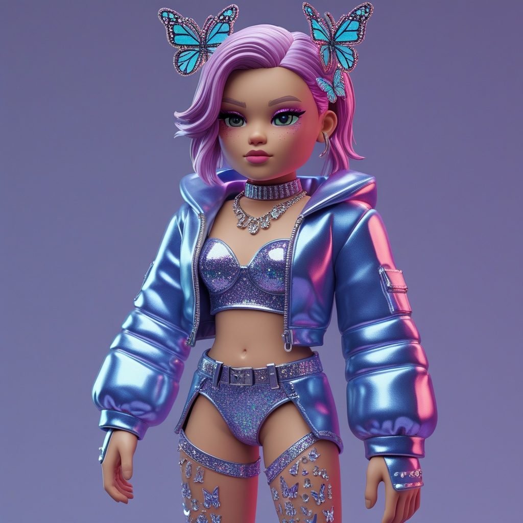 Y2K-style Roblox girl avatar with butterfly clips and chrome accessories