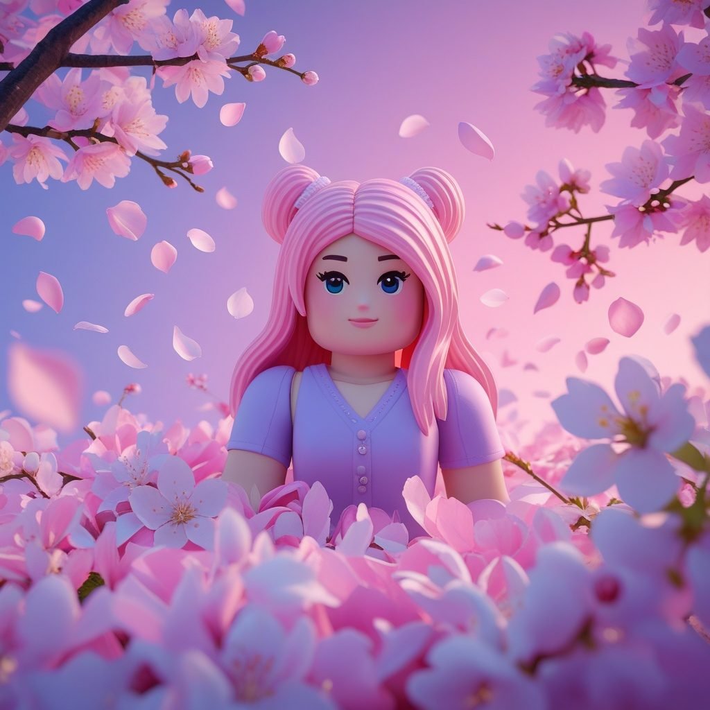Pastel pink Roblox girl avatar with cherry blossom styling