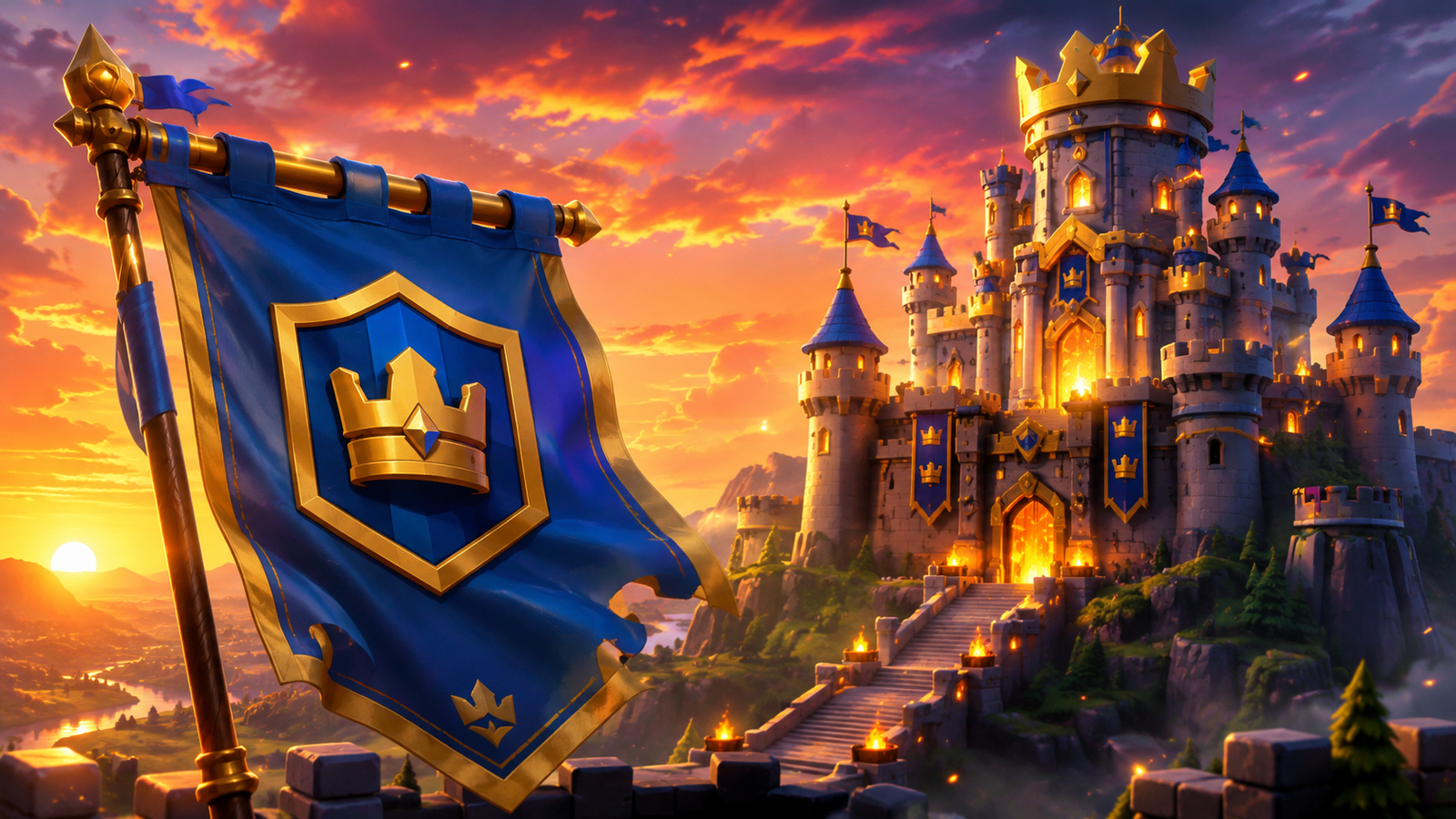 Clash Royale clan name ideas banner with fantasy castle background