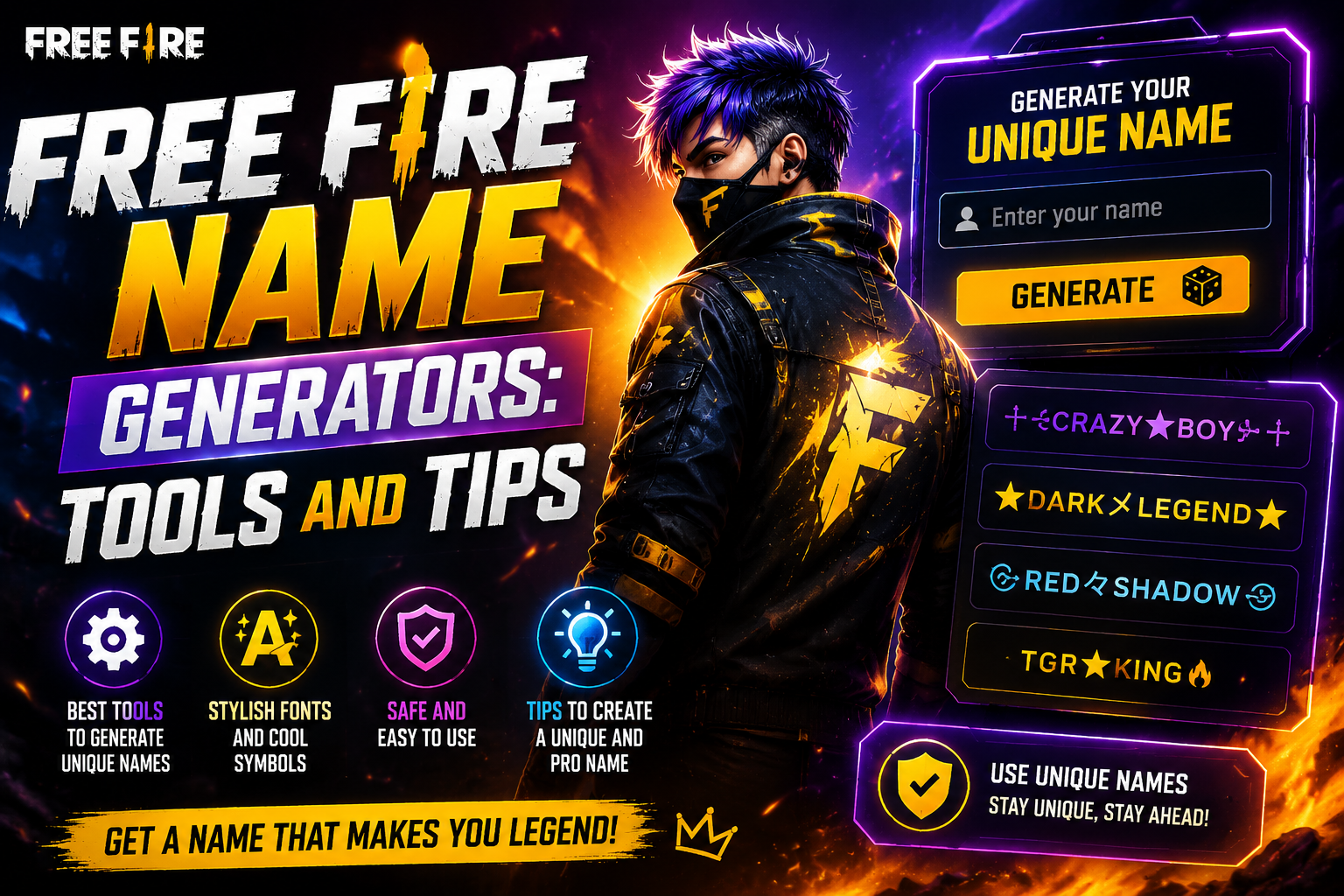 Free Fire name generator tools and tips banner