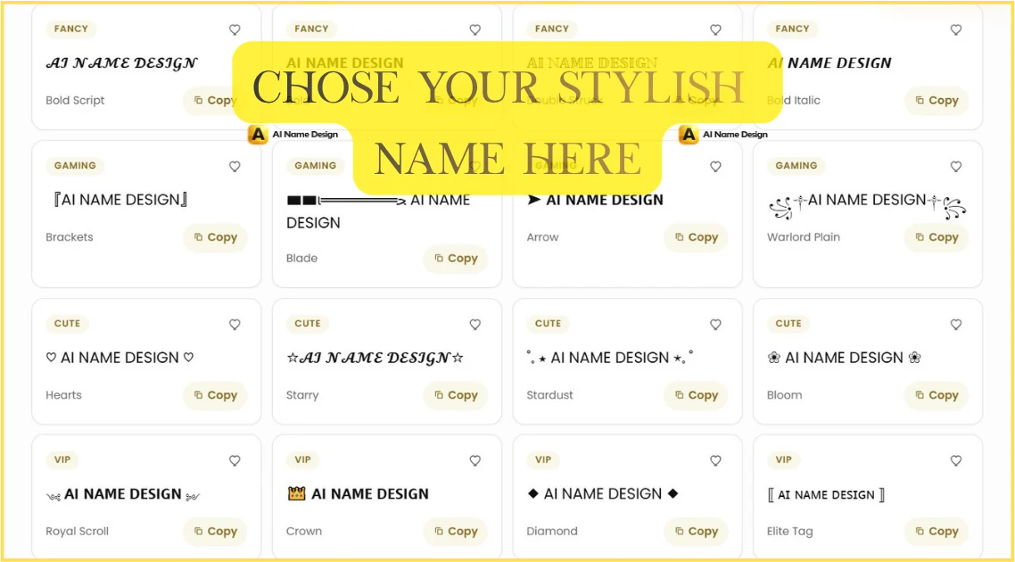 A grid of generated style cards, each showing the same name in a different font style with its own copy button
