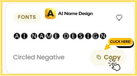 A single result card showing a name in Circled Negative letters, with its Copy button highlighted
