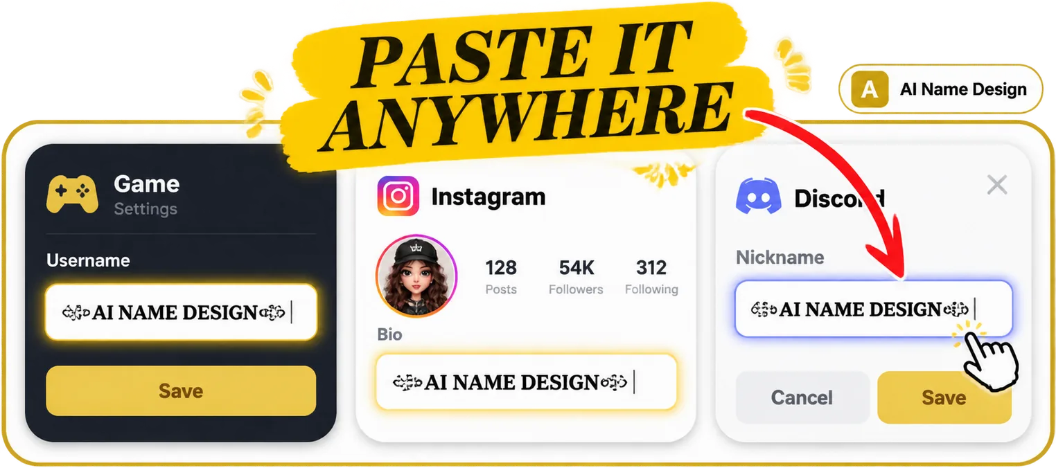 The same styled name pasted into three different places — a game username field, an Instagram bio, and a Discord nickname box