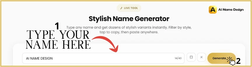 The Stylish Name Generator input field with a name typed into it and the Generate button ready to press